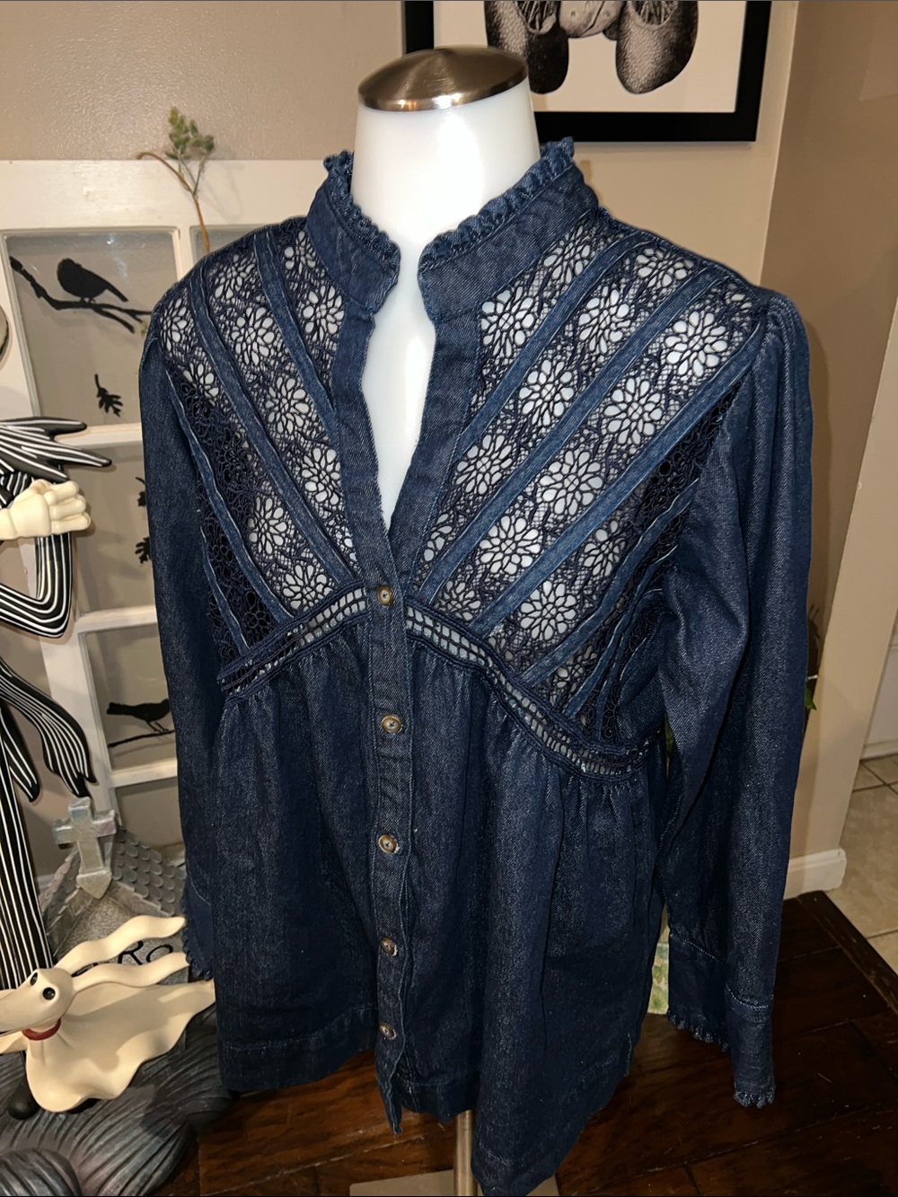 Solitaire Dark Denim Blue Lace-Yoke Button Front Blouse